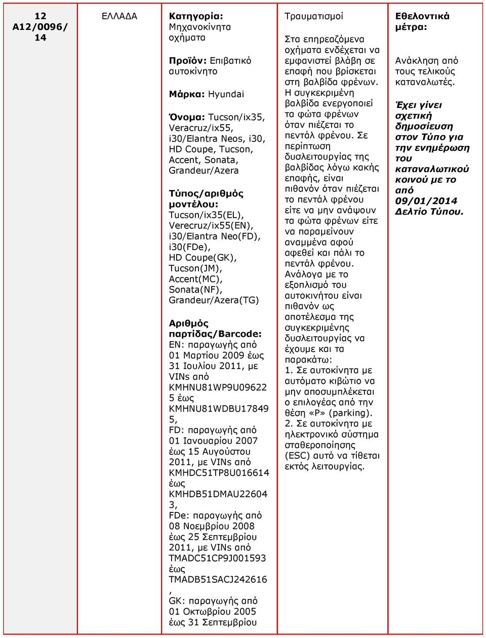 31 Ιουλίου 2011, µε VINs από KMHNU81WP9U09622 5 έως KMHNU81WDBU17849 5, FD: παραγωγής από 01 Ιανουαρίου 2007 έως 15 Αυγούστου 2011, µε VINs από KMHDC51TP8U0166 έως KMHDB51DMAU22604 3, FDe: παραγωγής