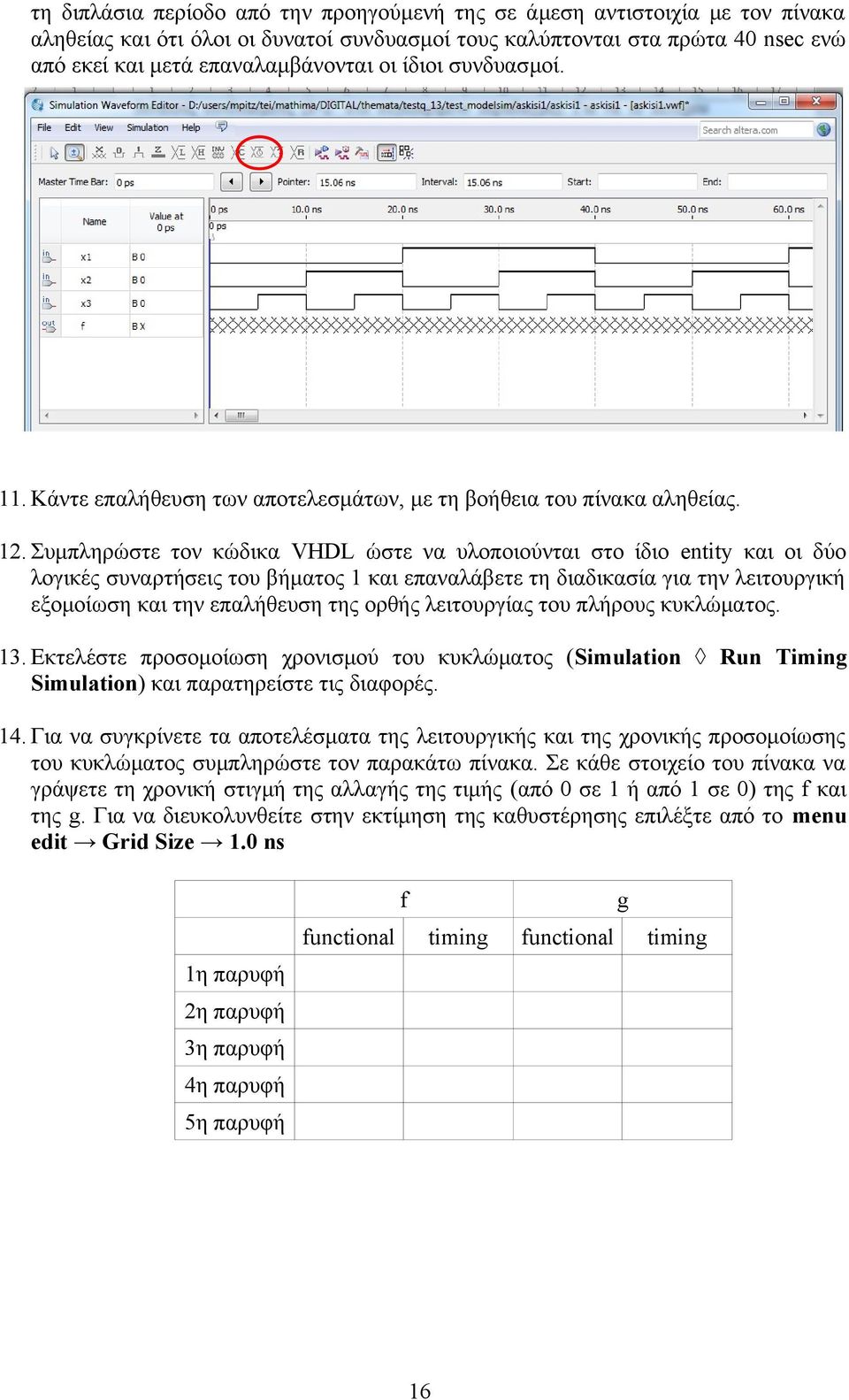 Συμπληρώστε τον κώδικα VHDL ώστε να υλοποιούνται στο ίδιο entity και οι δύο λογικές συναρτήσεις του βήματος 1 και επαναλάβετε τη διαδικασία για την λειτουργική εξομοίωση και την επαλήθευση της ορθής