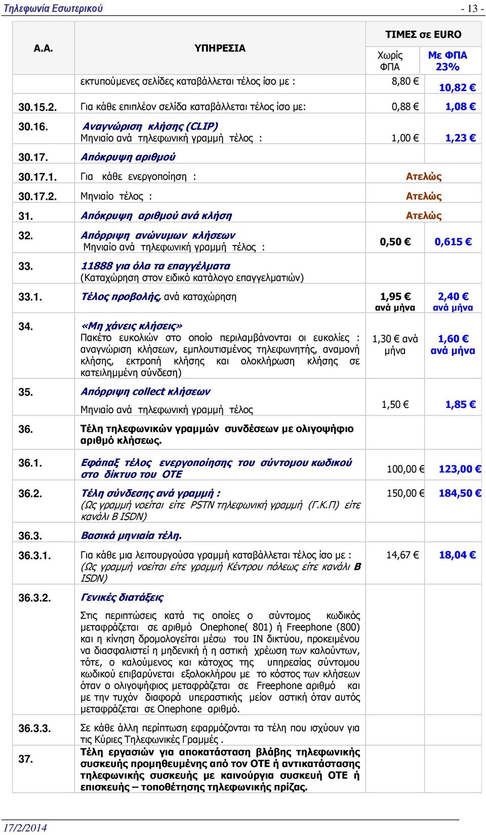 Απόκρυψη αριθµού ανά κλήση Ατελώς 32. Απόρριψη ανώνυµων κλήσεων Μηνιαίο ανά τηλεφωνική γραµµή τέλος : 33. 11888 για όλα τα επαγγέλµατα (Καταχώρηση στον ειδικό κατάλογο επαγγελµατιών) 0,50 0,615 33.1. Τέλος προβολής, ανά καταχώρηση 1,95 ανά µήνα 2,40 ανά µήνα 34.