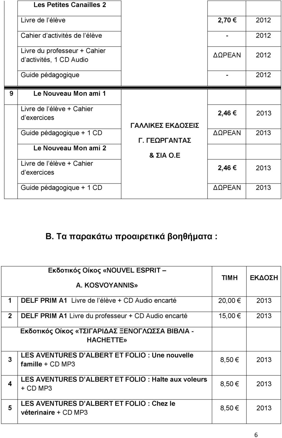 Ε Livre de l élève + Cahier 2,46 2013 d exercices Guide pédagogique + 1 CD ΔΩΡΕΑΝ 2013 Β. Τα παρακάτω προαιρετικά βοηθήματα : Εκδοτικός Οίκος «NOUVEL ESPRIT A.