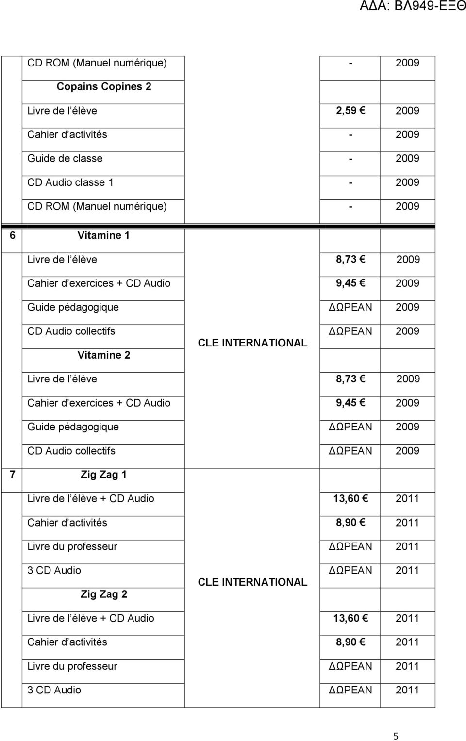 2009 Cahier d exercices + CD Audio 9,45 2009 Guide pédagogique ΔΩΡΕΑΝ 2009 CD Audio collectifs ΔΩΡΕΑΝ 2009 7 Zig Zag 1 Livre de l élève + CD Audio 13,60 2011 Cahier d activités 8,90 2011 Livre