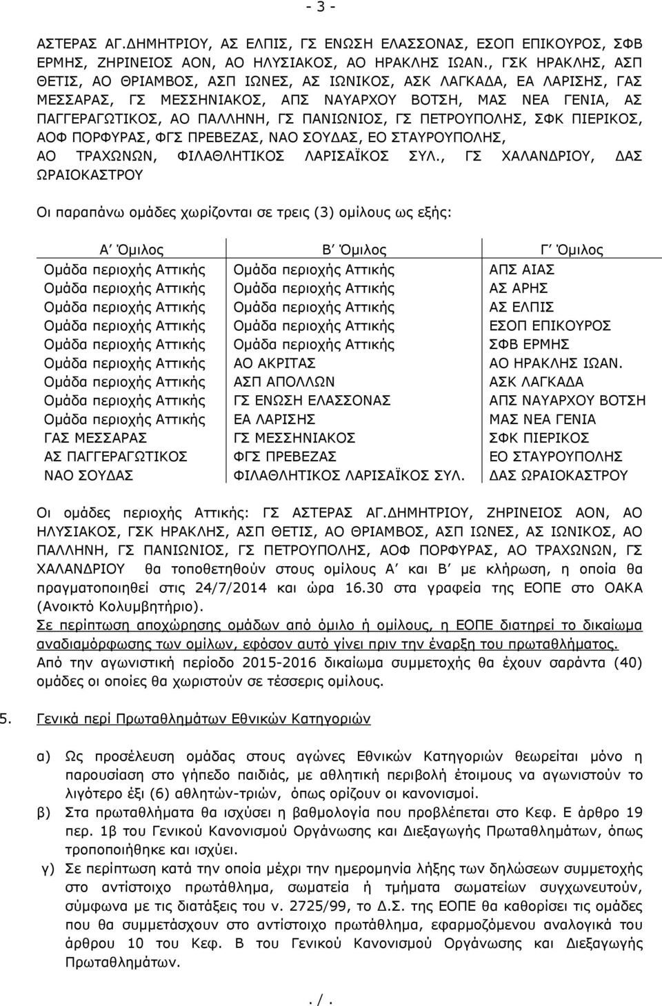 ΠΕΤΡΟΥΠΟΛΗΣ, ΣΦΚ ΠΙΕΡΙΚΟΣ, ΑΟΦ ΠΟΡΦΥΡΑΣ, ΦΓΣ ΠΡΕΒΕΖΑΣ, ΝΑΟ ΣΟΥΔΑΣ, ΕΟ ΣΤΑΥΡΟΥΠΟΛΗΣ, ΑΟ ΤΡΑΧΩΝΩΝ, ΦΙΛΑΘΛΗΤΙΚΟΣ ΛΑΡΙΣΑΪΚΟΣ ΣΥΛ.
