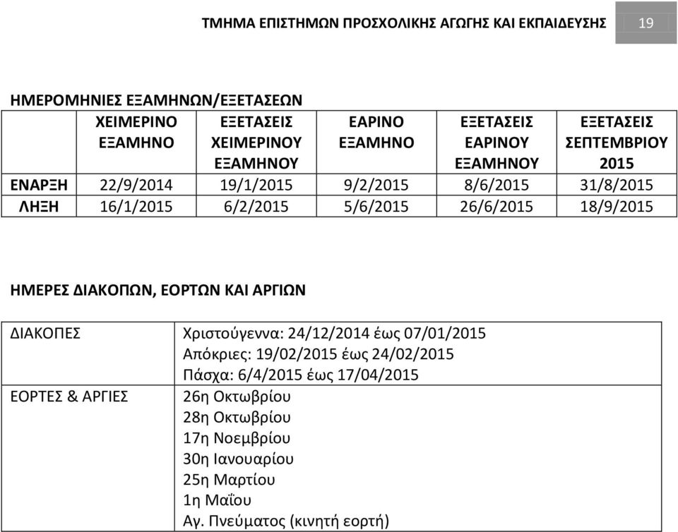 5/6/2015 26/6/2015 18/9/2015 ΗΜΕΡΕΣ ΔΙΑΚΟΠΩΝ, ΕΟΡΤΩΝ KAI ΑΡΓΙΩΝ ΔΙΑΚΟΠΕΣ Χριστούγεννα: 24/12/2014 έως 07/01/2015 Απόκριες: 19/02/2015 έως