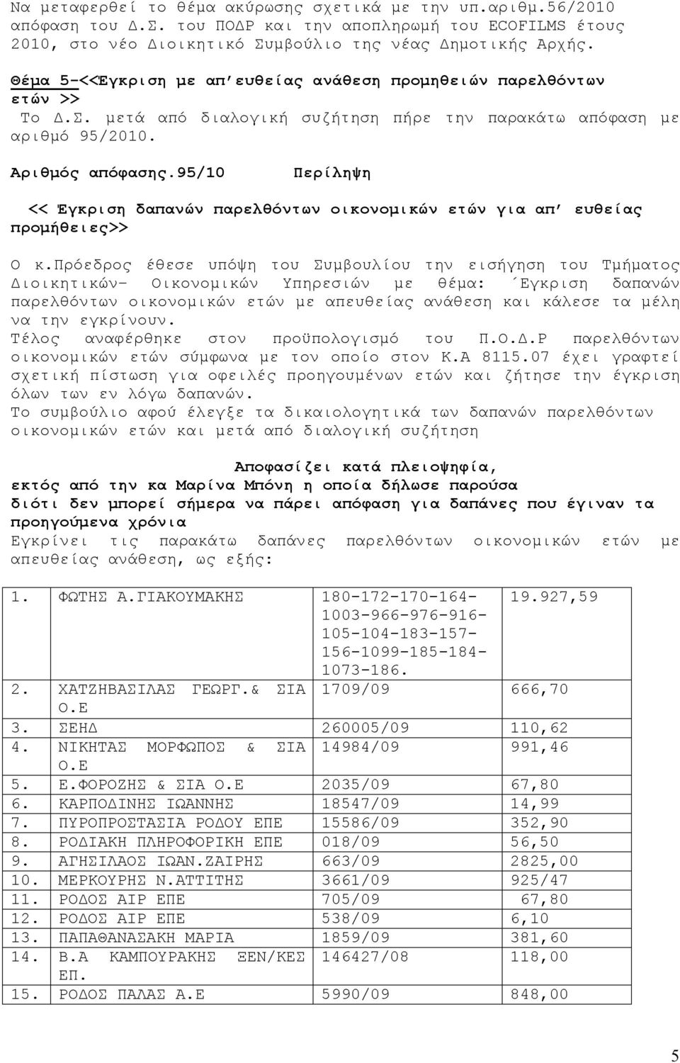 95/10 Περίληψη << Έγκριση δαπανών παρελθόντων οικονομικών ετών για απ ευθείας προμήθειες>> Ο κ.