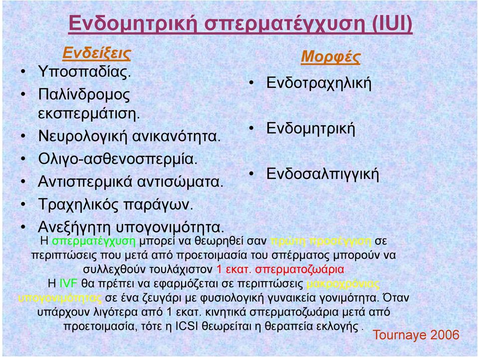 Η σπερματέγχυση μπορεί να θεωρηθεί σαν πρώτη προσέγγιση σε περιπτώσεις που μετά από προετοιμασία του σπέρματος μπορούν να συλλεχθούν τουλάχιστον 1 εκατ.