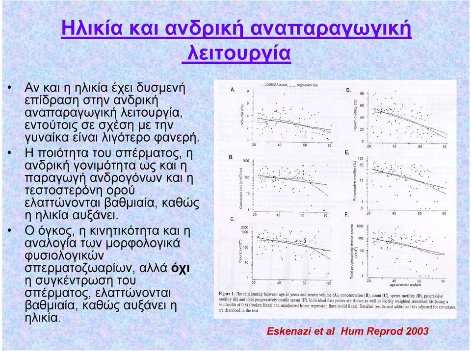 Η ποιότητα του σπέρματος, η ανδρική γονιμότητα ως και η παραγωγή ανδρογόνων και η τεστοστερόνη ορού ελαττώνονται βαθμιαία, καθώς η