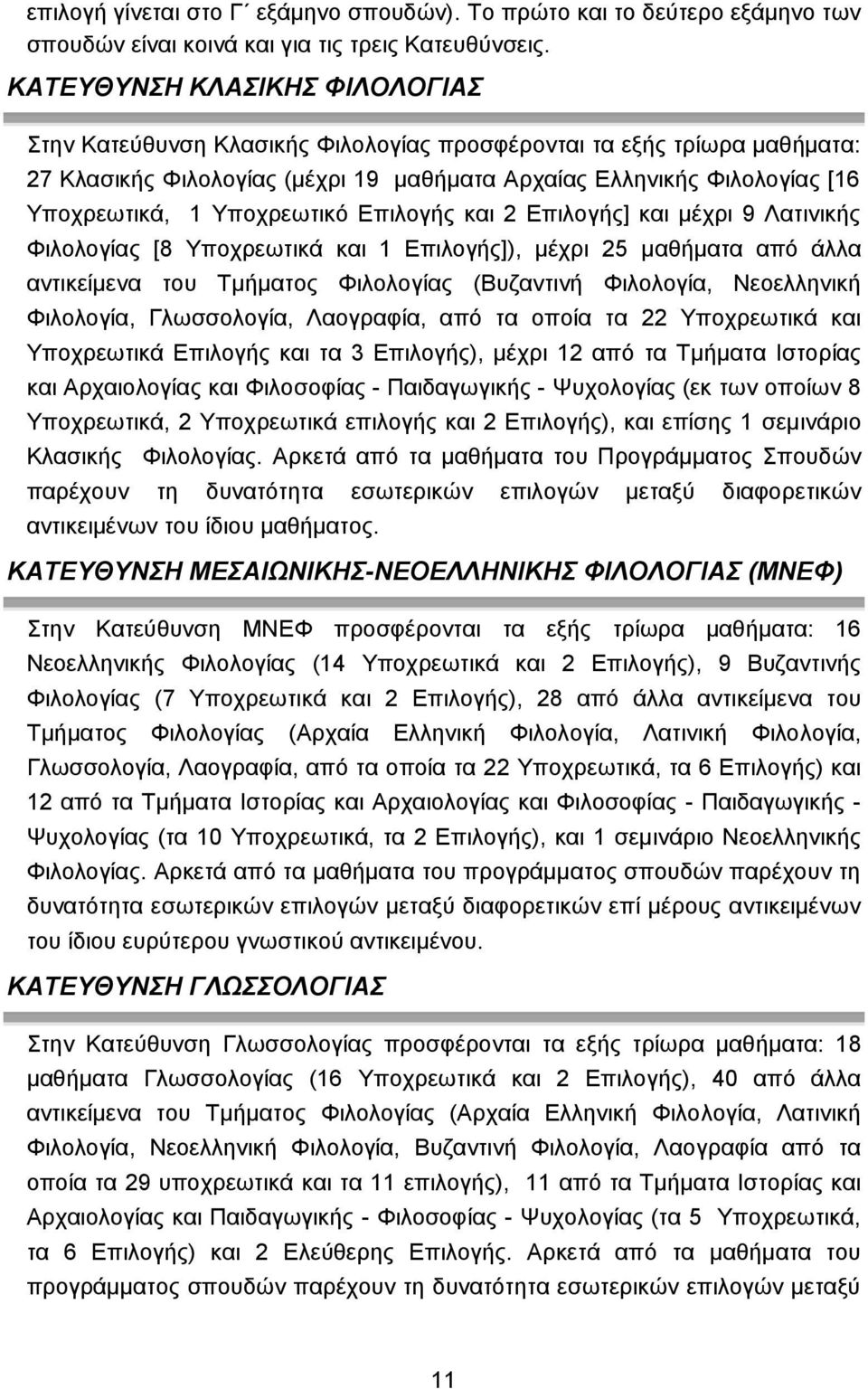 Υποχρεωτικό Επιλογς και 2 Επιλογς] και μέχρι 9 Λατινικς Φιλολογίας [8 Υποχρεωτικά και 1 Επιλογς]), μέχρι 25 μαθματα από άλλα αντικείμενα του Τμματος Φιλολογίας (Βυζαντιν Φιλολογία, Νεοελληνικ