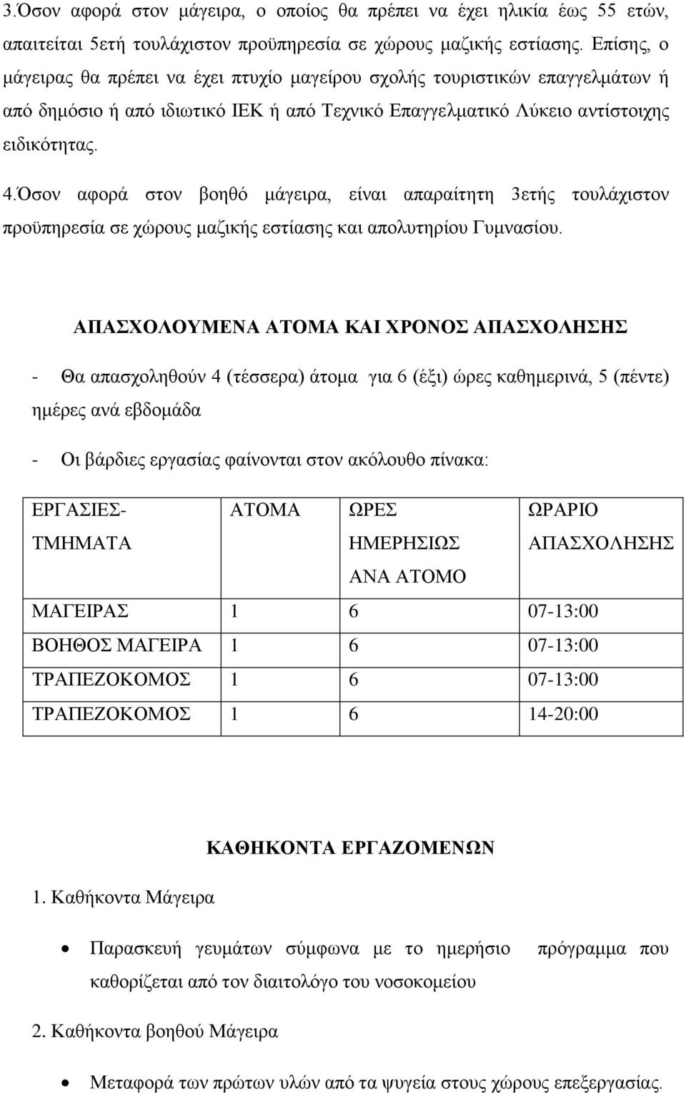 Όσον αφορά στον βοηθό μάγειρα, είναι απαραίτητη 3ετής τουλάχιστον προϋπηρεσία σε χώρους μαζικής εστίασης και απολυτηρίου Γυμνασίου.
