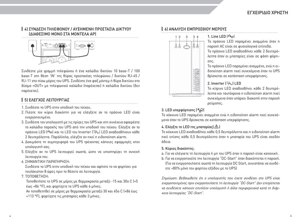 5) ΕΛΕΓΧΟΣ ΛΕΙΤΟΥΡΓΙΑΣ 1. Συνδέστε το UPS στην υποδοχή του τοίχου. 2. Πιέστε τον κύριο διακόπτη για να ελέγξετε αν το πράσινο LED είναι ενεργοποιημένο. 3.
