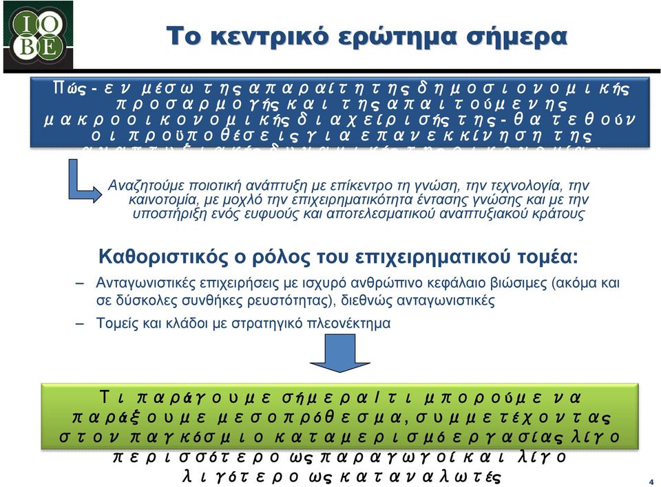 αποτελεσματικού αναπτυξιακού κράτους Καθοριστικός ο ρόλος του επιχειρηματικού τομέα: Ανταγωνιστικές επιχειρήσεις με ισχυρό ανθρώπινο κεφάλαιο βιώσιμες (ακόμα και σε δύσκολες συνθήκες ρευστότητας),