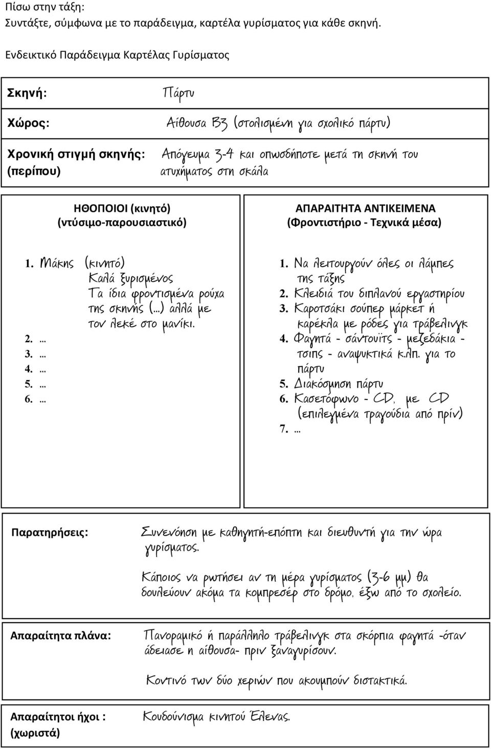 σκάλα ΗΘΟΠΟΙΟΙ (κινητό) (ντύσιμο- παρουσιαστικό) ΑΠΑΡΑΙΤΗΤΑ ΑΝΤΙΚΕΙΜΕΝΑ (Φροντιστήριο - Τεχνικά μέσα) 1. Μάκης (κινητό) Καλά ξυρισµένος Τα ίδια φροντισµένα ρούχα της σκηνής (.