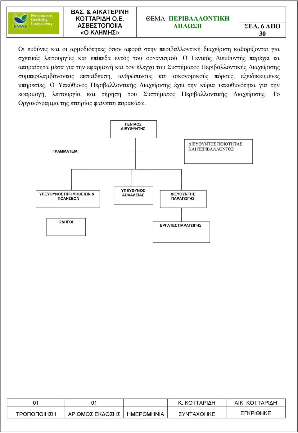 πόρους, εξειδικευμένες υπηρεσίες. Ο Υπεύθυνος Περιβαλλοντικής Διαχείρισης έχει την κύρια υπευθυνότητα για την εφαρμογή, λειτουργία και τήρηση του Συστήματος Περιβαλλοντικής Διαχείρισης.