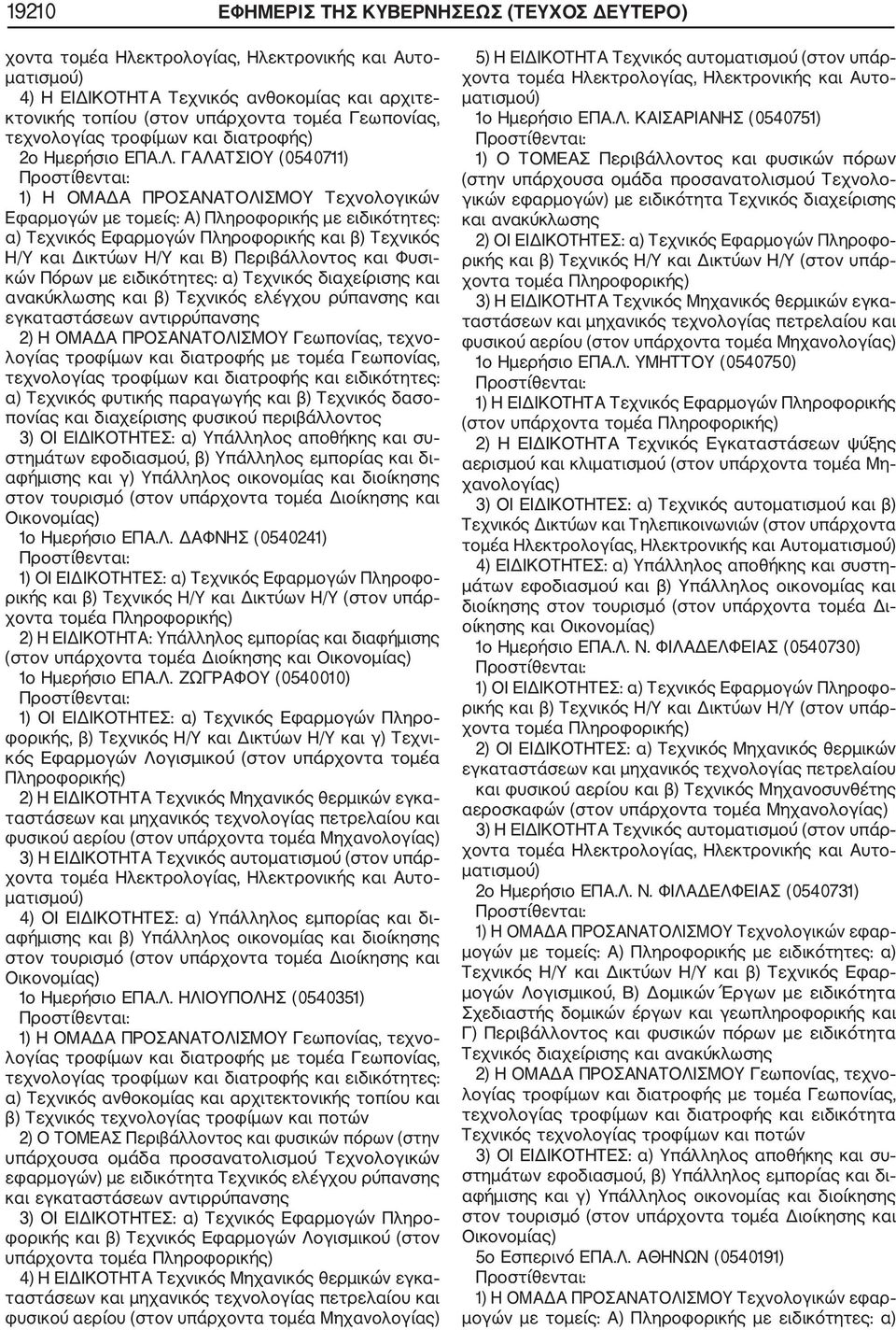 Περιβάλλοντος και Φυσι κών Πόρων με ειδικότητες: α) Τεχνικός διαχείρισης και ανακύκλωσης και β) Τεχνικός ελέγχου ρύπανσης και εγκαταστάσεων αντιρρύπανσης 2) Η ΟΜΑΔΑ ΠΡΟΣΑΝΑΤΟΛΙΣΜΟΥ Γεωπονίας, τεχνο