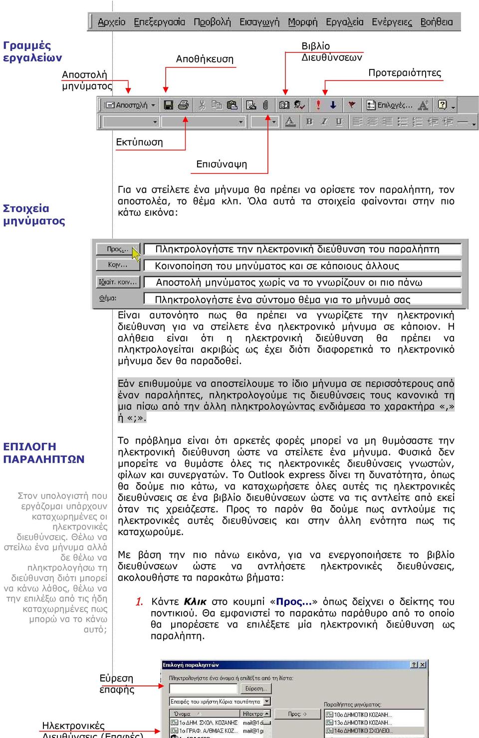 Όλα αυτά τα στοιχεία φαίνονται στην πιο κάτω εικόνα: Πληκτρολογήστε την ηλεκτρονική διεύθυνση του παραλήπτη Κοινοποίηση του µηνύµατος και σε κάποιους άλλους Αποστολή µηνύµατος χωρίς να το γνωρίζουν