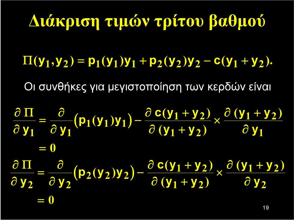 συνθήκες για μεγιστοποίηση των κερδών είναι Π ( ) y y p y y cy y = 1( 1) 1
