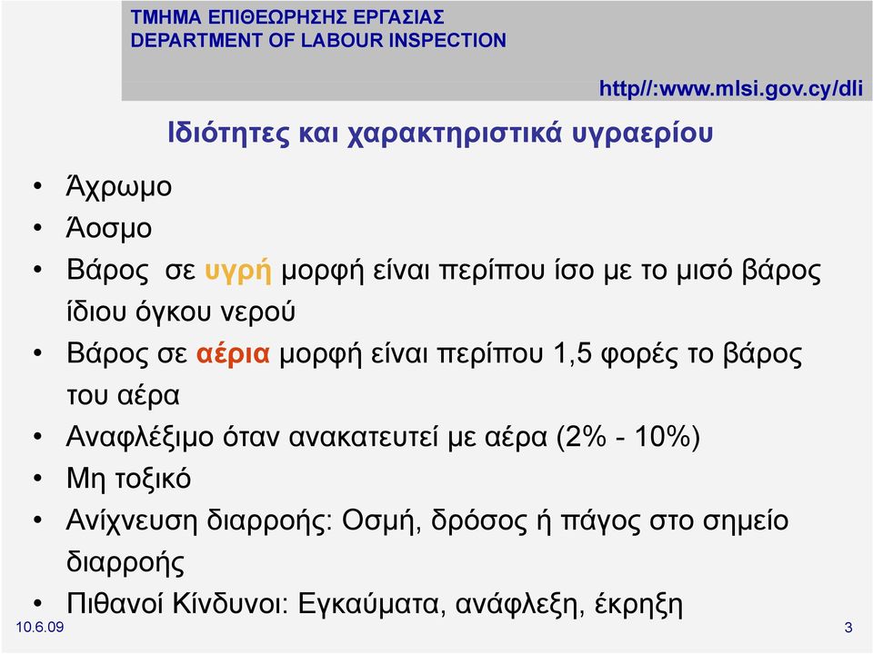 1,5 φορές το βάρος του αέρα Αναφλέξιμο όταν ανακατευτεί με αέρα (2% - 10%) Μη τοξικό Ανίχνευση