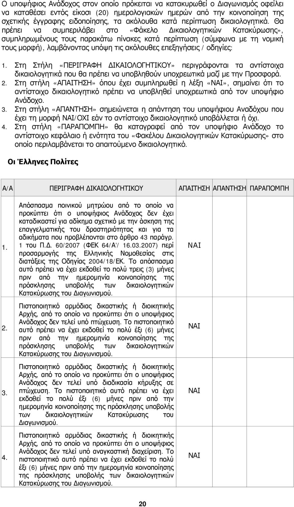 Θα πρέπει να συμπεριλάβει στο «Φάκελο Δικαιολογητικών Κατακύρωσης», συμπληρωμένους τους παρακάτω πίνακες κατά περίπτωση (σύμφωνα με τη νομική τους μορφή), λαμβάνοντας υπόψη τις ακόλουθες επεξηγήσεις