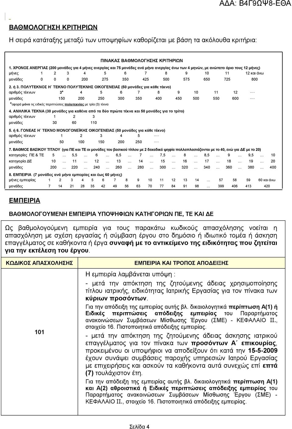 425 500 575 650 725 800 2. ή 3. ΠΟΛΥΤΕΚΝΟΣ Η ΤΕΚΝΟ ΠΟΛΥΤΕΚΝΗΣ ΟΙΚΟΓΕΝΕΙΑΣ (50 μονάδες για κάθε τέκνο) αριθμός τέκνων 3* 4 5 6 7 8 9 10 11 12. μονάδες 150 200 250 300 350 400 450 500 550 600.