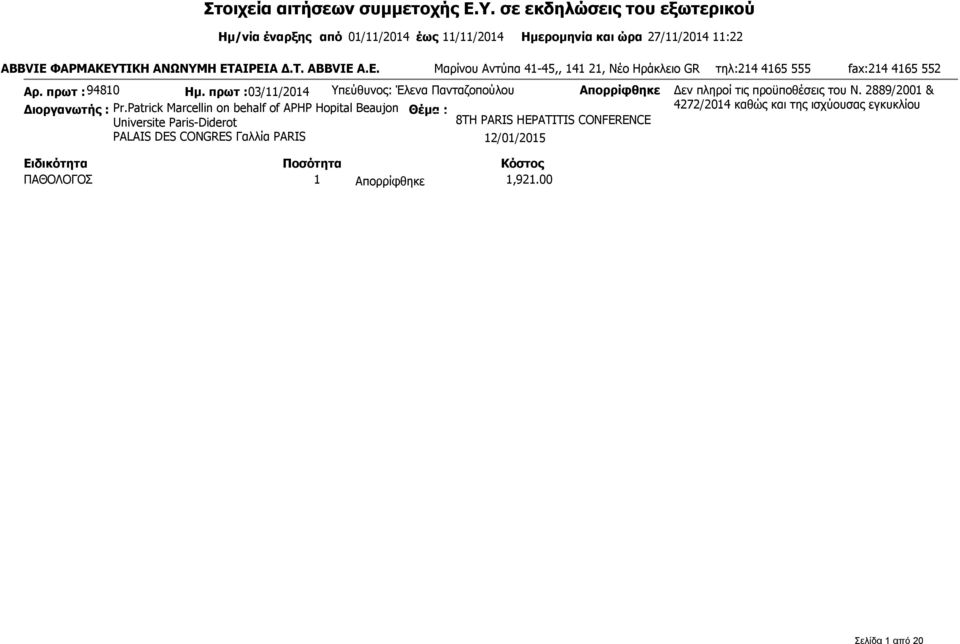 ΕΤΑΙΡΕΙΑ Δ.Τ. ABBVIE A.E. Μαρίνου Αντύπα 41-45,, 141 21, Νέο Ηράκλειο GR τηλ:214 4165 555 fax:214 4165 552 Αρ. πρωτ : 94810 Ημ.