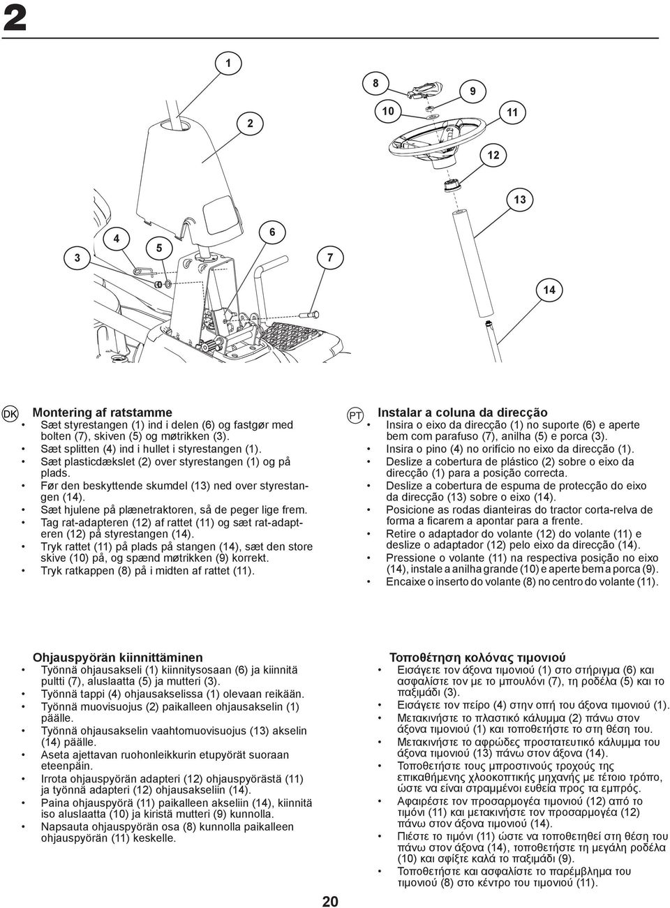 Tag rat-adapteren (12) af rattet (11) og sæt rat-adapteren (12) på styrestangen (14). Tryk rattet (11) på plads på stangen (14), sæt den store skive (10) på, og spænd møtrikken (9) korrekt.