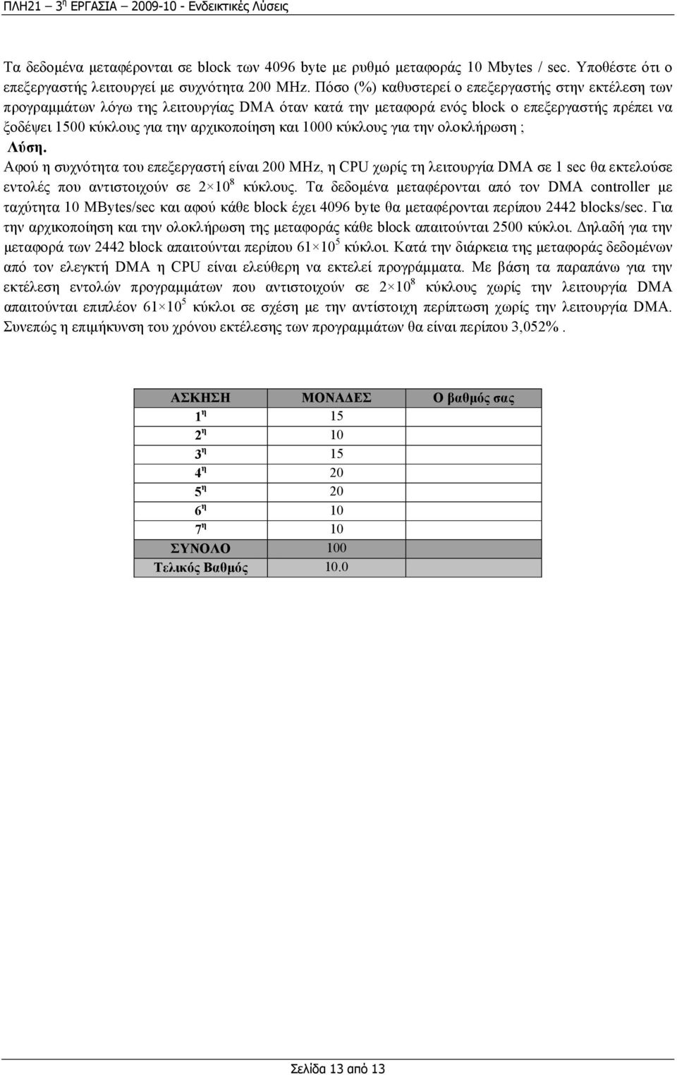 1000 κύκλους για την ολοκλήρωση ; Λύση. Αφού η συχνότητα του επεξεργαστή είναι 200 ΜHz, η CPU χωρίς τη λειτουργία DMA σε 1 sec θα εκτελούσε εντολές που αντιστοιχούν σε 2 10 8 κύκλους.