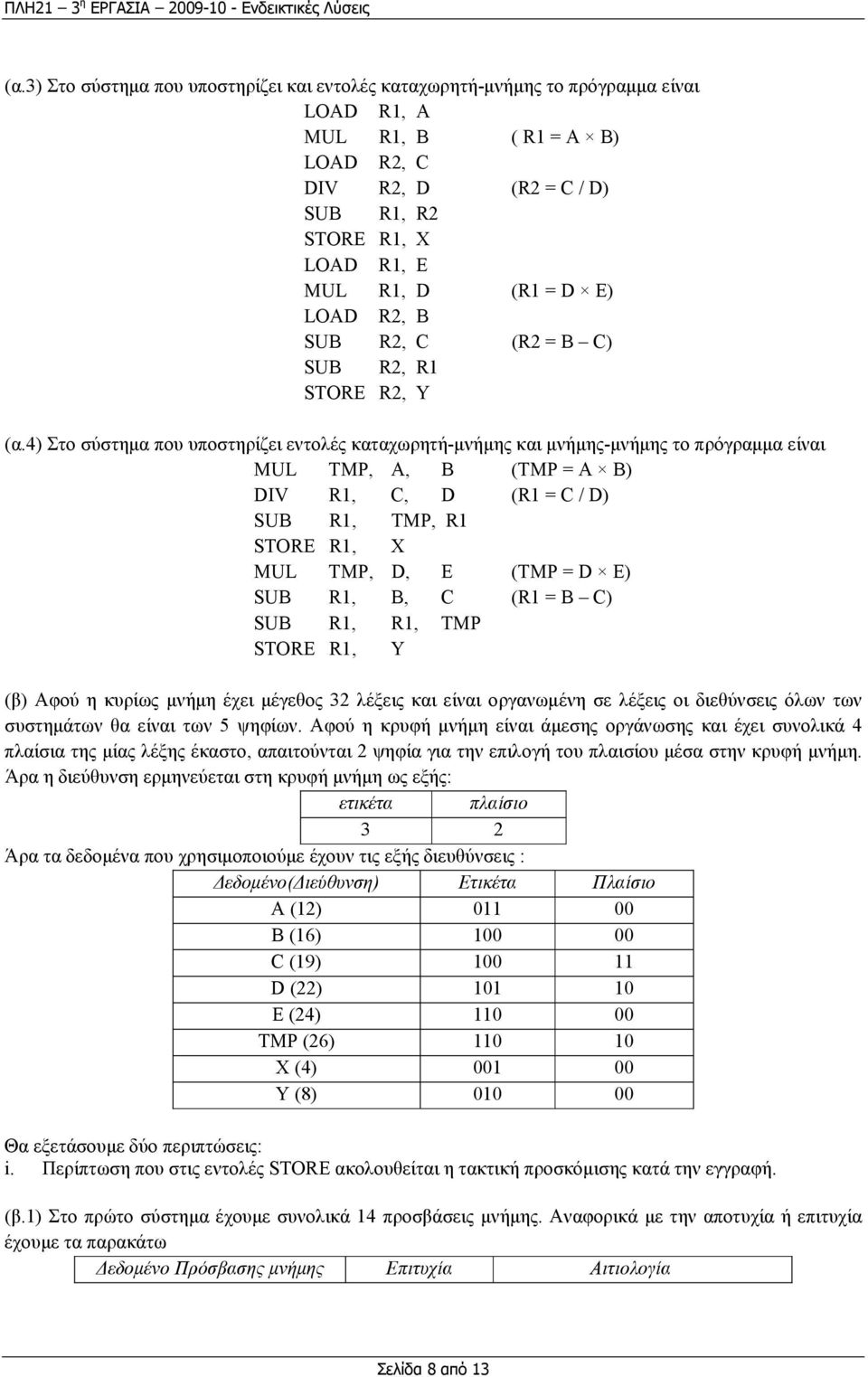 4) Στo σύστηµα που υποστηρίζει εντολές καταχωρητή-µνήµης και µνήµης-µνήµης το πρόγραµµα είναι MUL TMP, A, Β (TMP = A B) DIV R1, C, D (R1 = C / D) SUB R1, TMP, R1 STORE R1, X MUL TMP, D, E (TMP = D E)