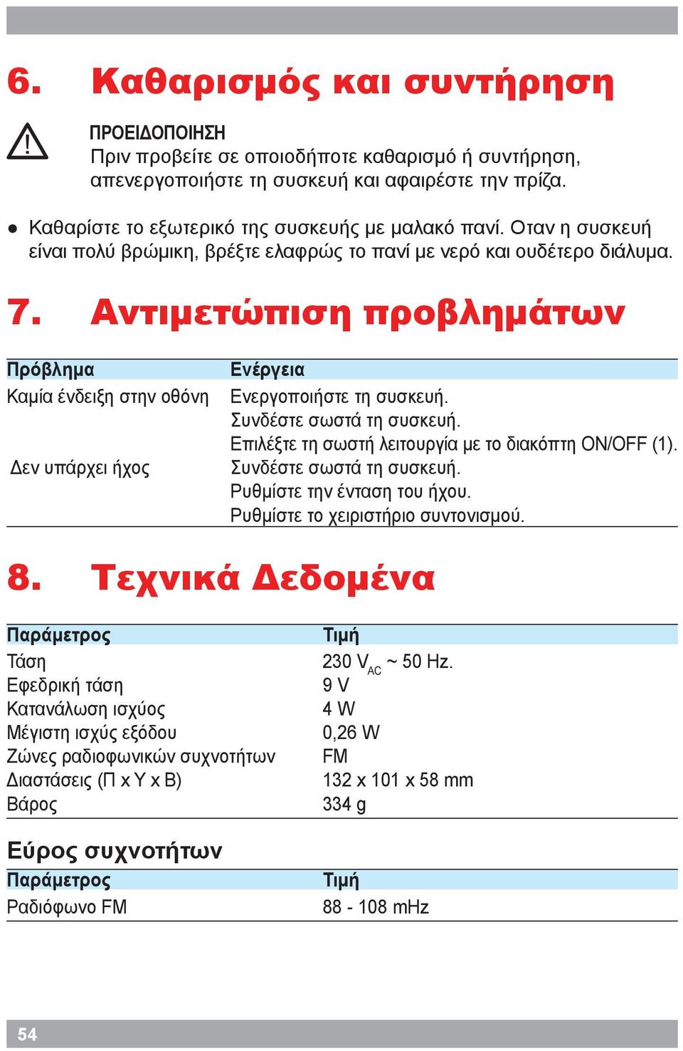 Αντιμετώπιση προβλημάτων Πρόβλημα Καμία ένδειξη στην οθόνη Δεν υπάρχει ήχος Ενέργεια Ενεργοποιήστε τη συσκευή. Συνδέστε σωστά τη συσκευή. Επιλέξτε τη σωστή λειτουργία με το διακόπτη ON/OFF (1).