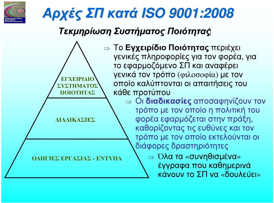 απαιτήσεις του κάθε προτύπου Οι διαδικασίες αποσαφηνίζουν τον τρόποµετονοποίοηπολιτικήτου φορέαεφαρµόζεταιστηνπράξη, καθορίζοντας τις