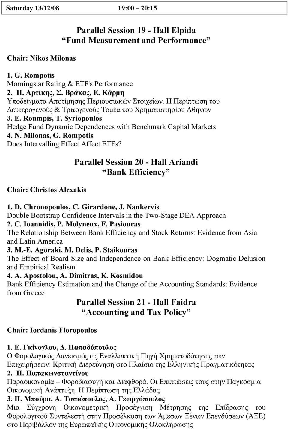 Syriopoulos Hedge Fund Dynamic Dependences with Benchmark Capital Markets 4. N. Milonas, G. Rompotis Does Intervalling Effect Affect ETFs?