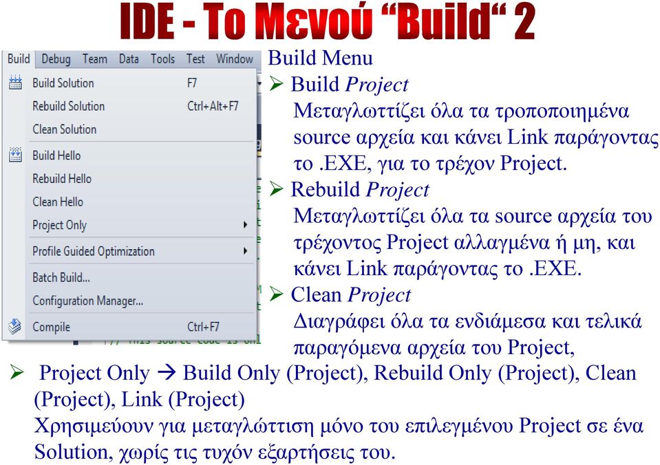 Clean Project Διαγράφει όλα τα ενδιάμεσα και τελικά παραγόμενα αρχεία του Project, Project Only Build Only (Project), Rebuild Only
