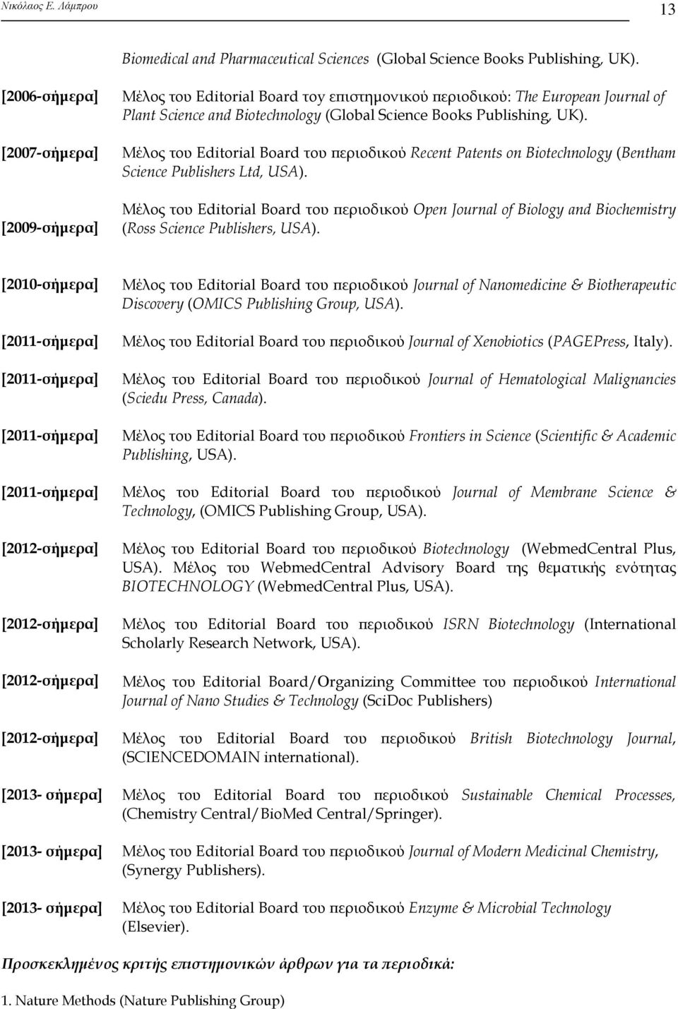 Μέλος του Editorial Board του περιοδικού Recent Patents on Biotechnology (Bentham Science Publishers Ltd, USA).