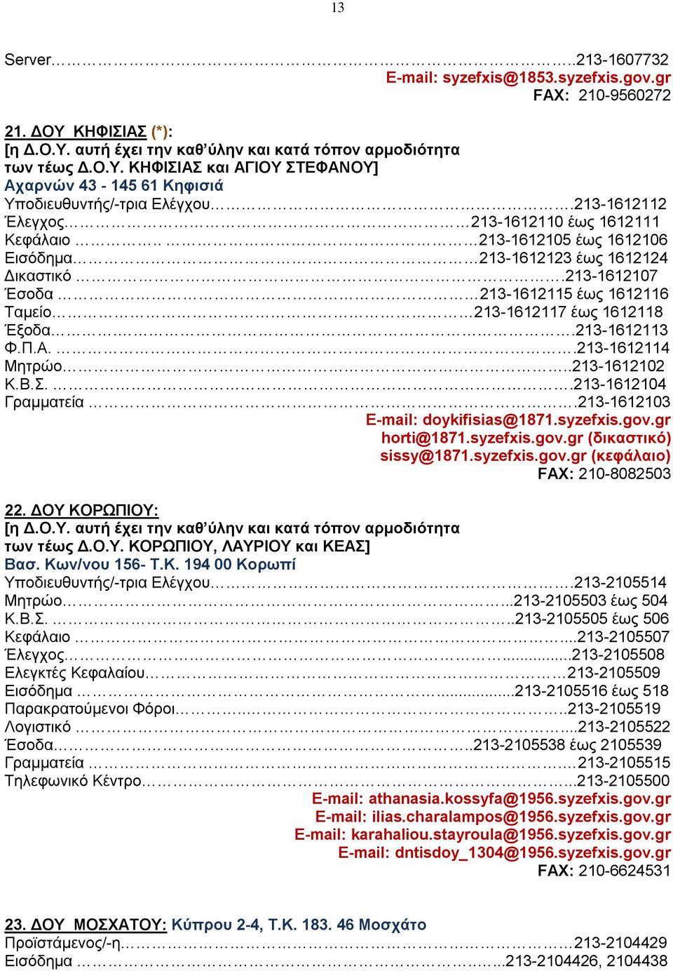 213-1612107 Έσοδα 213-1612115 έως 1612116 Ταμείο 213-1612117 έως 1612118 Έξοδα..213-1612113 Φ.Π.A..213-1612114 Mητρώο..213-1612102 K.B.Σ..213-1612104 Γραμματεία.213-1612103 E-mail: doykifisias@1871.