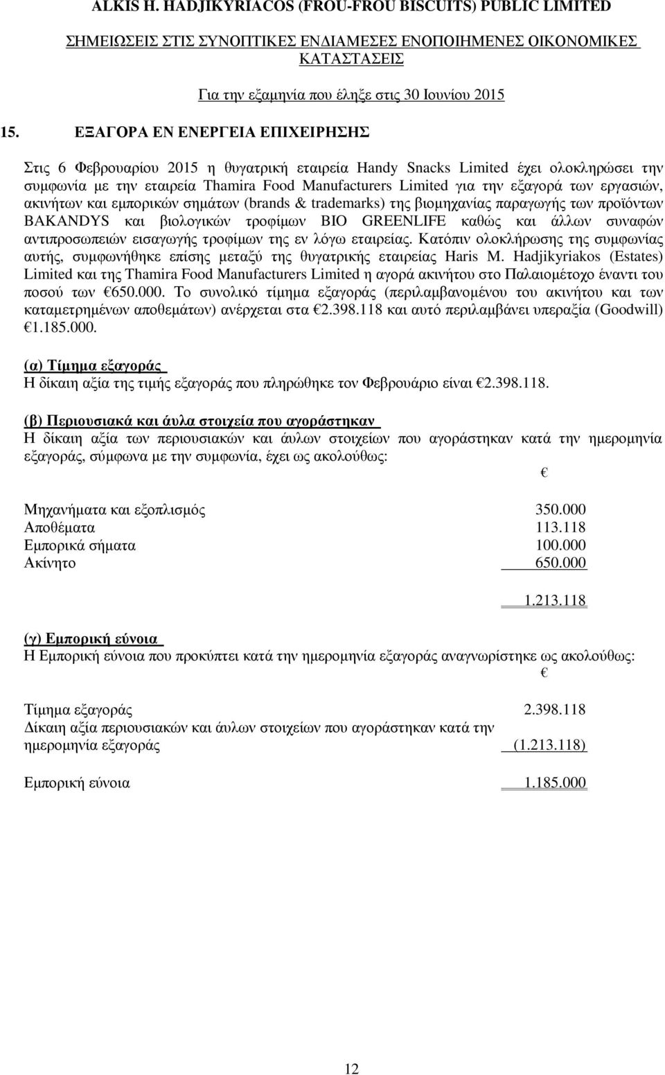 εργασιών, ακινήτων και εµπορικών σηµάτων (brands & trademarks) της βιοµηχανίας παραγωγής των προϊόντων BAKANDYS και βιολογικών τροφίµων BIO GREENLIFE καθώς και άλλων συναφών αντιπροσωπειών εισαγωγής