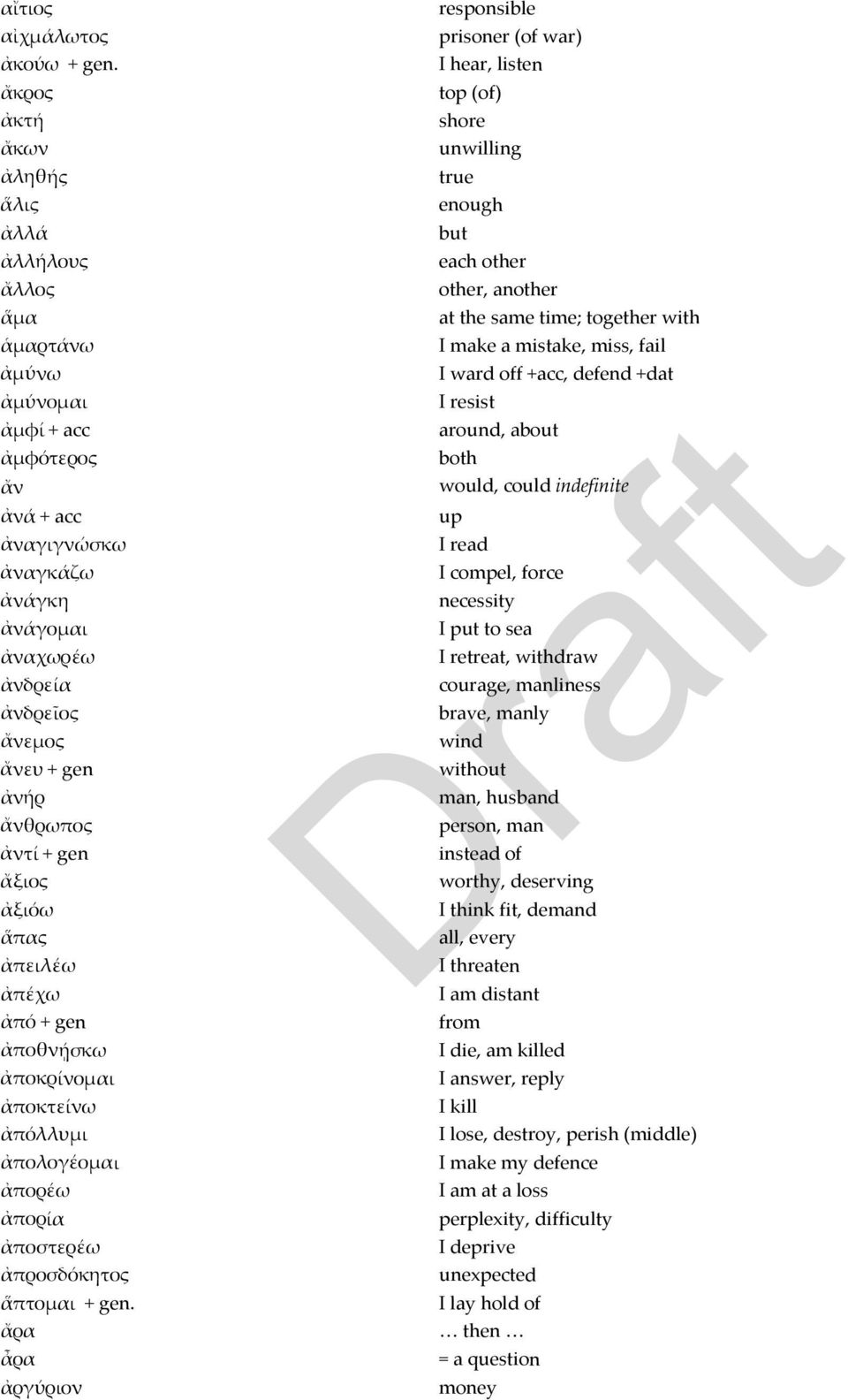 fail ἀμύνω ἀμύνομαι ἀμφί + acc ἀμφότερος ἄν ἀνά + acc ἀναγιγνώσκω ἀναγκάζω ἀνάγκη ἀνάγομαι ἀναχωρέω ἀνδρεία ἀνδρεῖος ἄνεμος ἄνευ + gen ἀνήρ ἄνθρωπος ἀντί + gen ἄξιος ἀξιόω ἅπας ἀπειλέω ἀπέχω ἀπό +