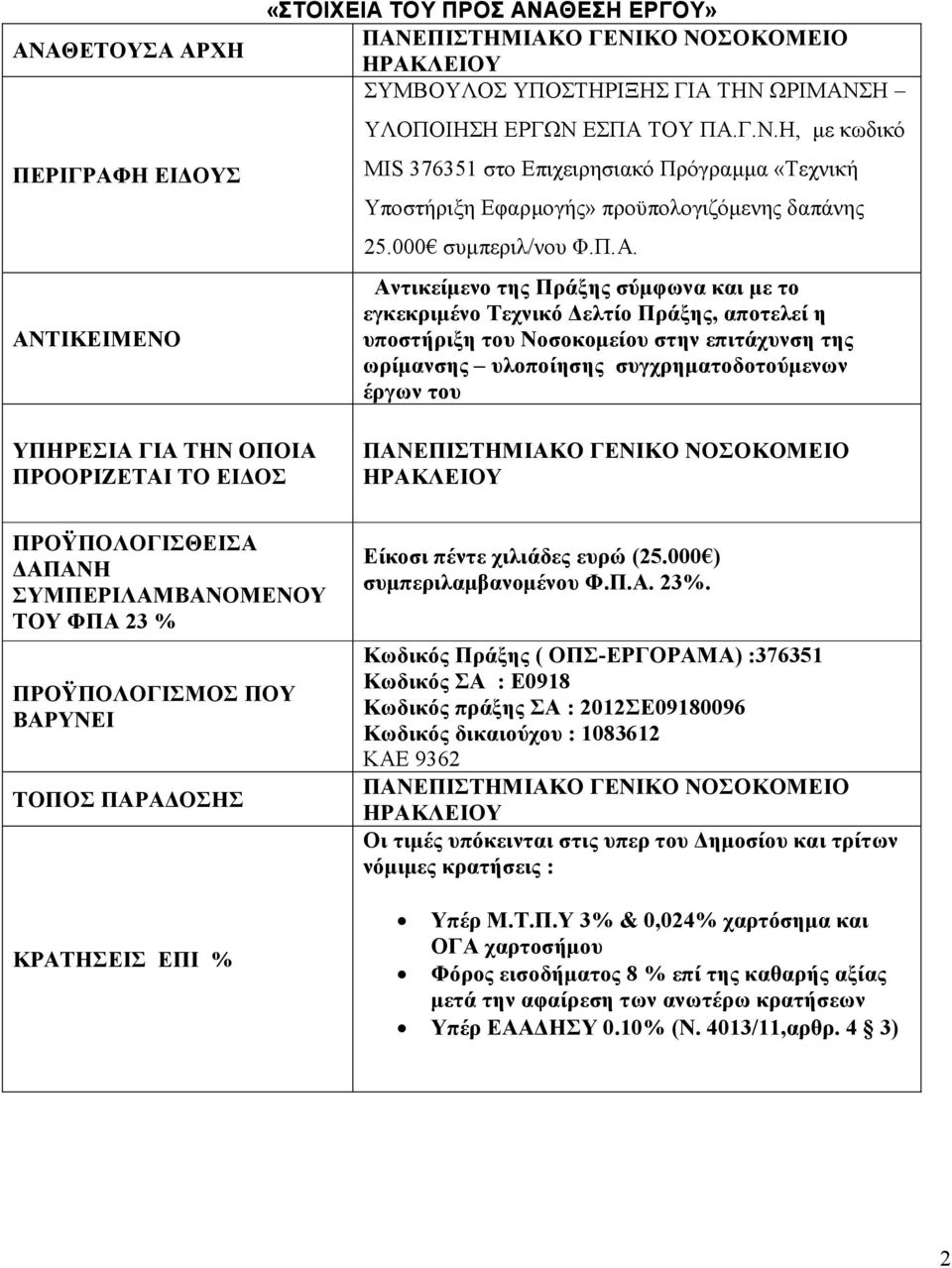 Αντικείµενο της Πράξης σύµφωνα και µε το εγκεκριµένο Τεχνικό ελτίο Πράξης, αποτελεί η υποστήριξη του Νοσοκοµείου στην επιτάχυνση της ωρίµανσης υλοποίησης συγχρηµατοδοτούµενων έργων του ΥΠΗΡΕΣΙΑ ΓΙΑ