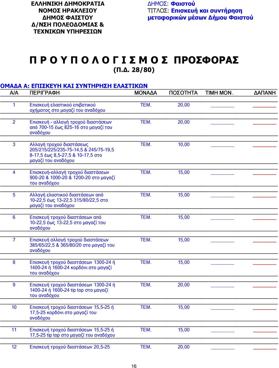 ΑΠΑΝΗ 1 Επισκευή ελαστικού επιβατικού οχήµατος στο µαγαζί του αναδόχου 2 Επισκευή - αλλαγή τροχού διαστάσεων από 7-15 έως 825-16 στο µαγαζί του αναδόχου 3 Αλλαγή τροχού διαστάσεως