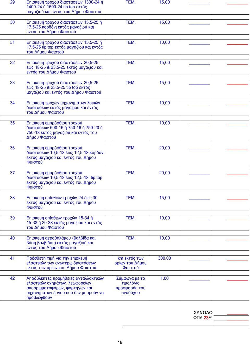 33 Επισκευή τροχού διαστάσεων 20,5-25 έως 18-25 & 23,5-25 tip top εκτός µαγαζιού και εντός του ήµου Φαιστού 34 Επισκευή τροχών µηχανηµάτων λοιπών διαστάσεων εκτός µαγαζιού και εντός του ήµου Φαιστού