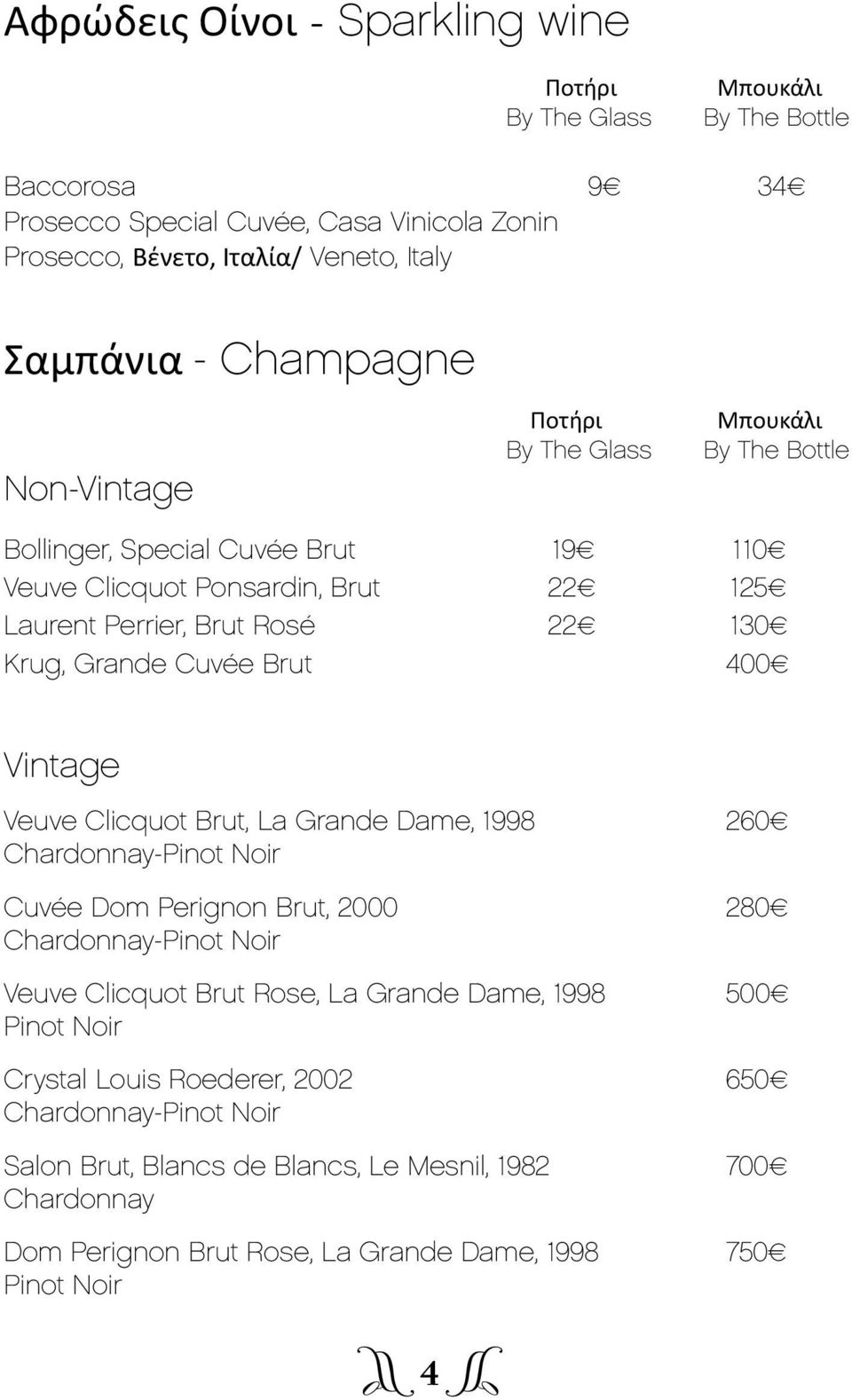 Cuvée Brut 400 Vintage Veuve Clicquot Brut, La Grande Dame, 1998 260 Chardonnay-Pinot Noir Cuvée Dom Perignon Brut, 2000 280 Chardonnay-Pinot Noir Veuve Clicquot Brut Rose, La Grande Dame,
