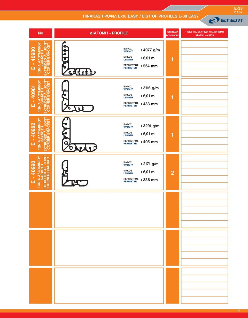JOINT CORNER BRACKET ÂÁÑÏÓ WEIGHT ÌÇÊÏÓ LENGTH ÐÅÑÉÌÅÔÑÏÓ PERIMETER : 3116 g/m : 6,01 m : 433 mm 1 E - 40982 ÃÙÍÉÁ ÁËÏÕÌÉÍÉÏÕ ÊÁÑÖÙÔÇ EXTRUDED AL.