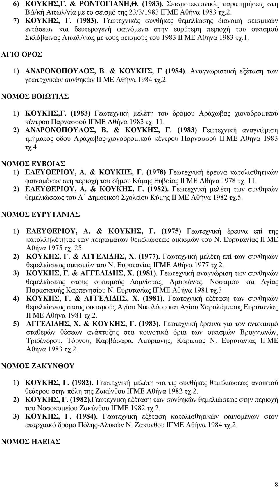 Γεωτεχνικές συνθήκες θεμελίωσης διανομή σεισμικών εντάσεων και δευτερογενή φαινόμενα στην ευρύτερη περιοχή του οικισμού Σκλάβαινας Αιτωλ/νίας με τους σεισμούς του 1983 ΙΓΜΕ Αθήνα 1983 τχ.1. ΑΓΙΟ ΟΡΟΣ 1) ΑΝΔΡΟΝΟΠΟΥΛΟΣ, Β.