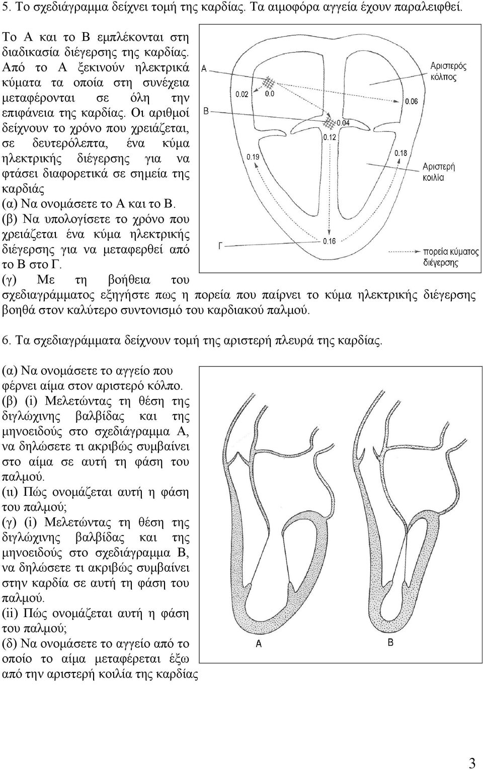 Οι αριθμοί δείχνουν το χρόνο που χρειάζεται, σε δευτερόλεπτα, ένα κύμα ηλεκτρικής διέγερσης για να φτάσει διαφορετικά σε σημεία της καρδιάς (α) Να ονομάσετε το Α και το Β.