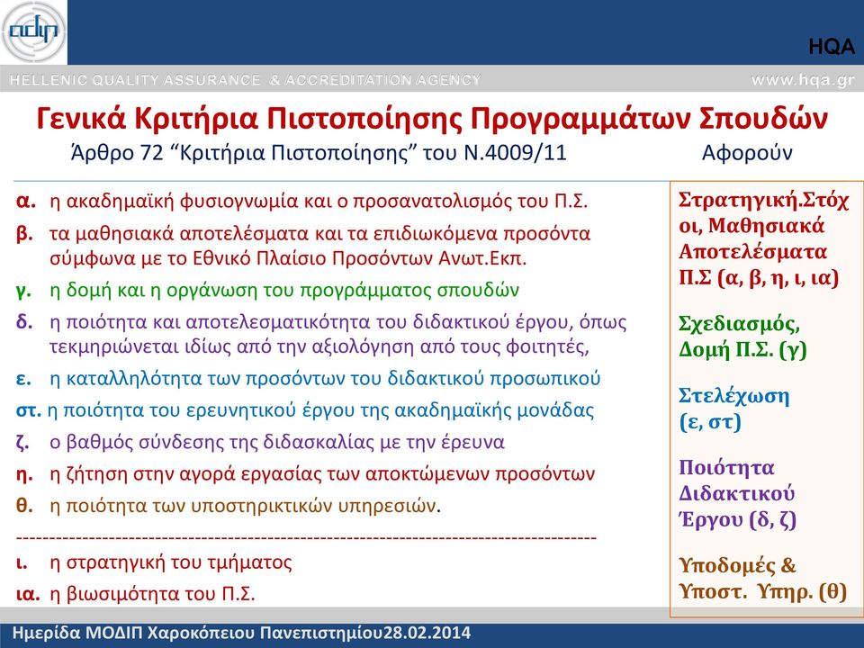 η δομή και η οργάνωση του προγράμματος σπουδών δ. η ποιότητα και αποτελεσματικότητα του διδακτικού έργου, όπως τεκμηριώνεται ιδίως από την αξιολόγηση από τους φοιτητές, ε.