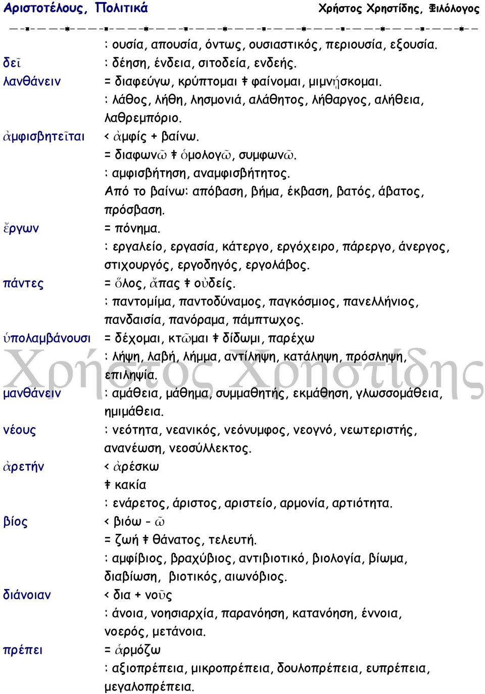 Από το βαίνω: απόβαση, βήµα, έκβαση, βατός, άβατος, πρόσβαση. ἔργων = πόνηµα. : εργαλείο, εργασία, κάτεργο, εργόχειρο, πάρεργο, άνεργος, στιχουργός, εργοδηγός, εργολάβος. πάντες = ὅλος, ἄπας ŧ οὐδείς.