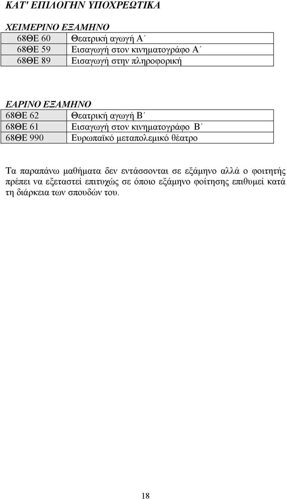 κινηματογράφο Β 68ΘΕ 990 Ευρωπαϊκό μεταπολεμικό θέατρο Τα παραπάνω μαθήματα δεν εντάσσονται σε εξάμηνο