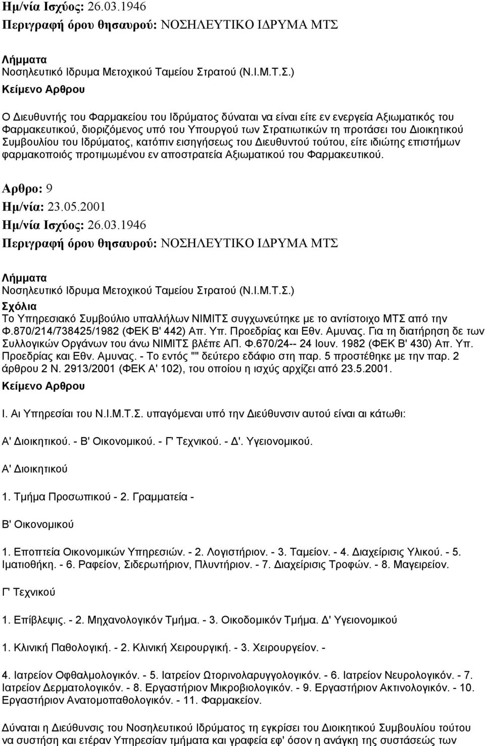 2001 Σχόλια Το Υπηρεσιακό Συµβούλιο υπαλλήλων ΝΙΜΙΤΣ συγχωνεύτηκε µε το αντίστοιχο ΜΤΣ από την Φ.870/214/738425/1982 (ΦΕΚ Β' 442) Απ. Υπ. Προεδρίας και Εθν. Αµυνας.