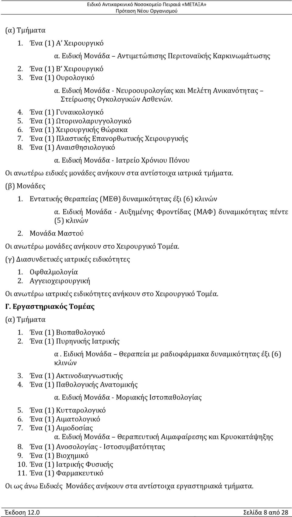 Ένα (1) Πλαστικής Επανορθωτικής Χειρουργικής 8. Ένα (1) Αναισθησιολογικό α. Ειδική Μονάδα Ιατρείο Χρόνιου Πόνου Οι ανωτέρω ειδικές μονάδες ανήκουν στα αντίστοιχα ιατρικά τμήματα. (β) Μονάδες 1.