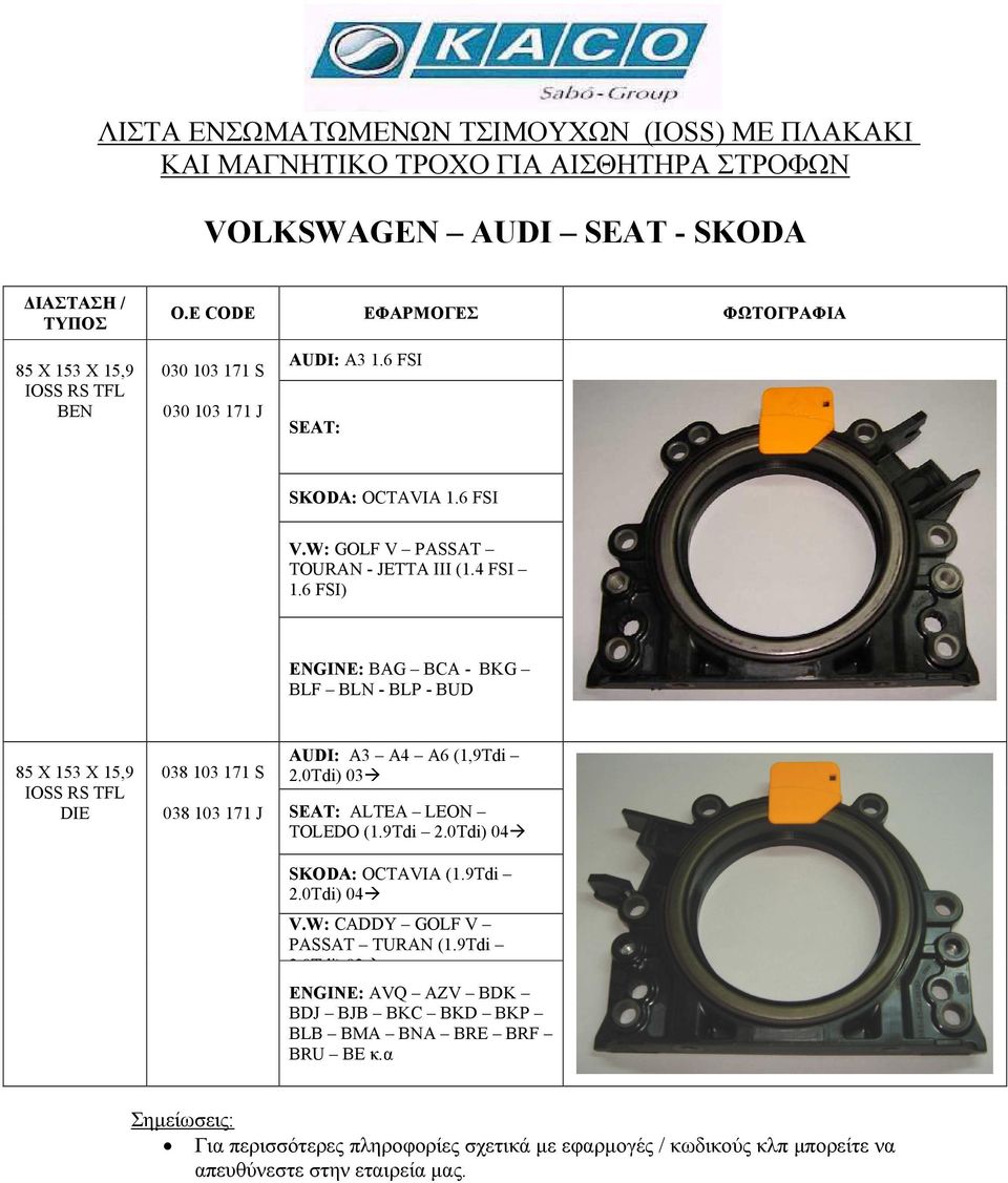 6 FSI) ENGINE: BAG BCA - BKG BLF BLN - BLP - BUD 85 Χ 153 Χ 15,9 IOSS RS TFL DIE 038 103 171 S 038 103 171 J AUDI: Α3 Α4 Α6 (1,9Tdi 2.