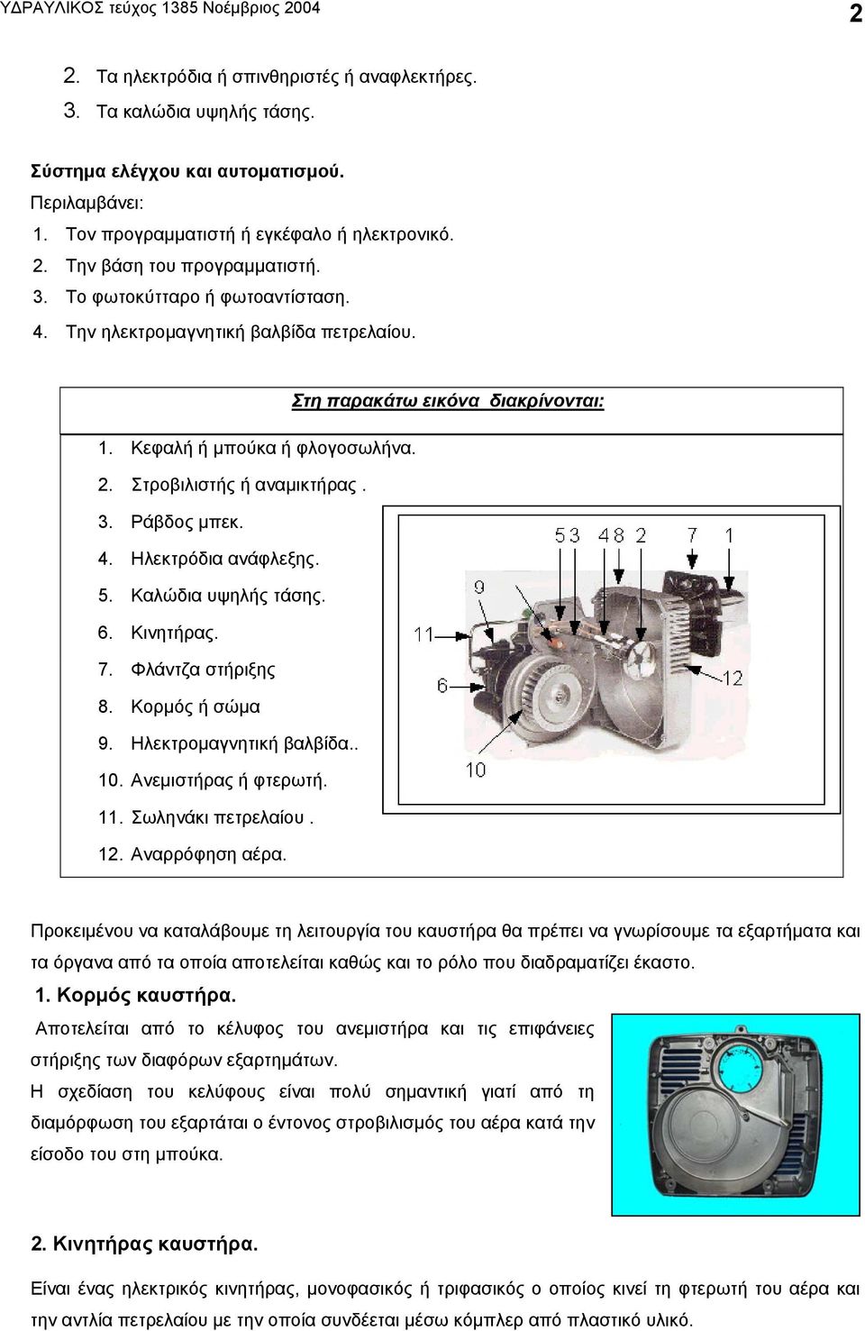 5. Καλώδια υψηλής τάσης. 6. Κινητήρας. 7. Φλάντζα στήριξης 8. Κορμός ή σώμα 9. Ηλεκτρομαγνητική βαλβίδα.. 10. Ανεμιστήρας ή φτερωτή. 11. Σωληνάκι πετρελαίου. 12. Αναρρόφηση αέρα.