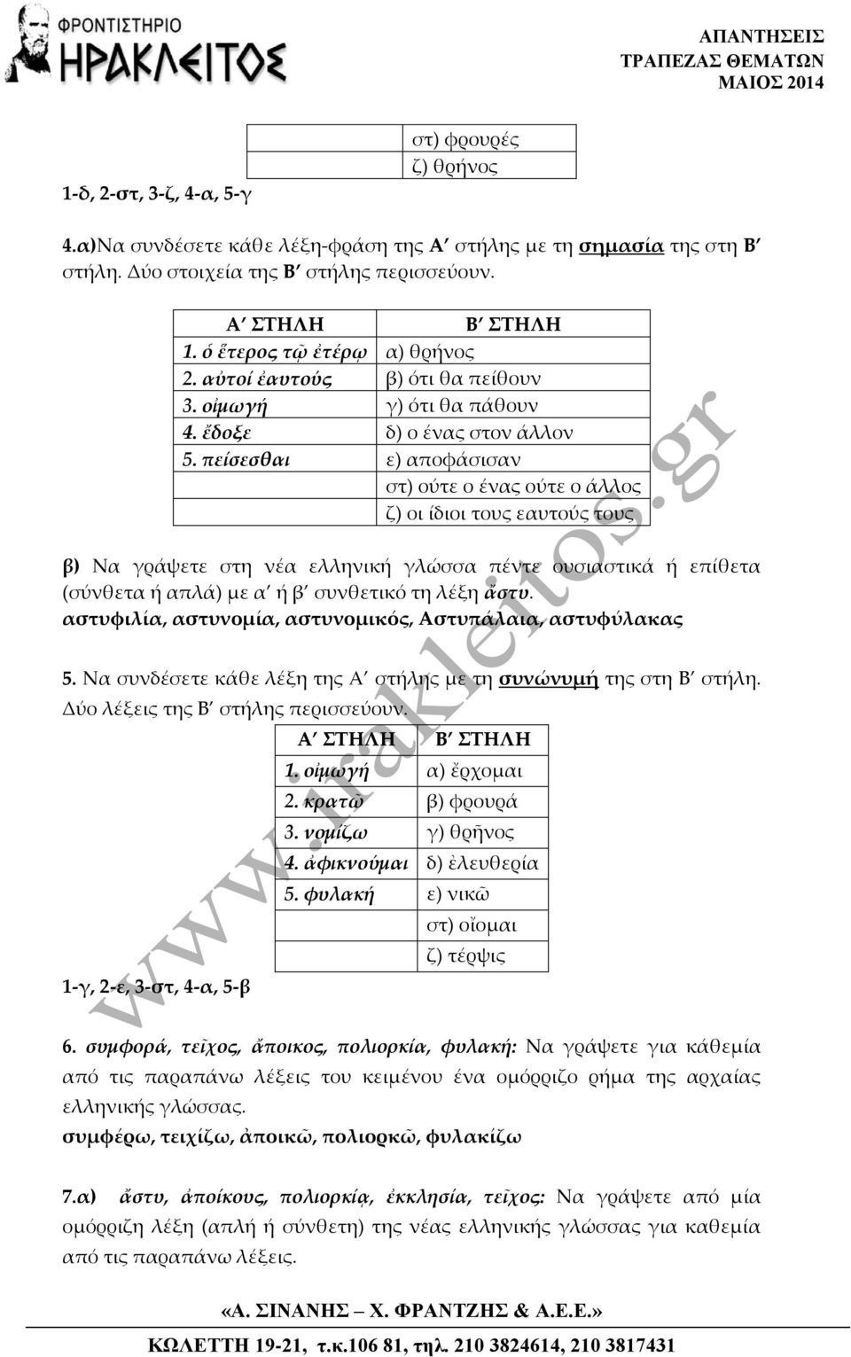 πείσεσθαι ε) αποφάσισαν στ) ούτε ο ένας ούτε ο άλλος ζ) οι ίδιοι τους εαυτούς τους β) Να γράψετε στη νέα ελληνική γλώσσα πέντε ουσιαστικά ή επίθετα (σύνθετα ή απλά) με α ή β συνθετικό τη λέξη ἄστυ.