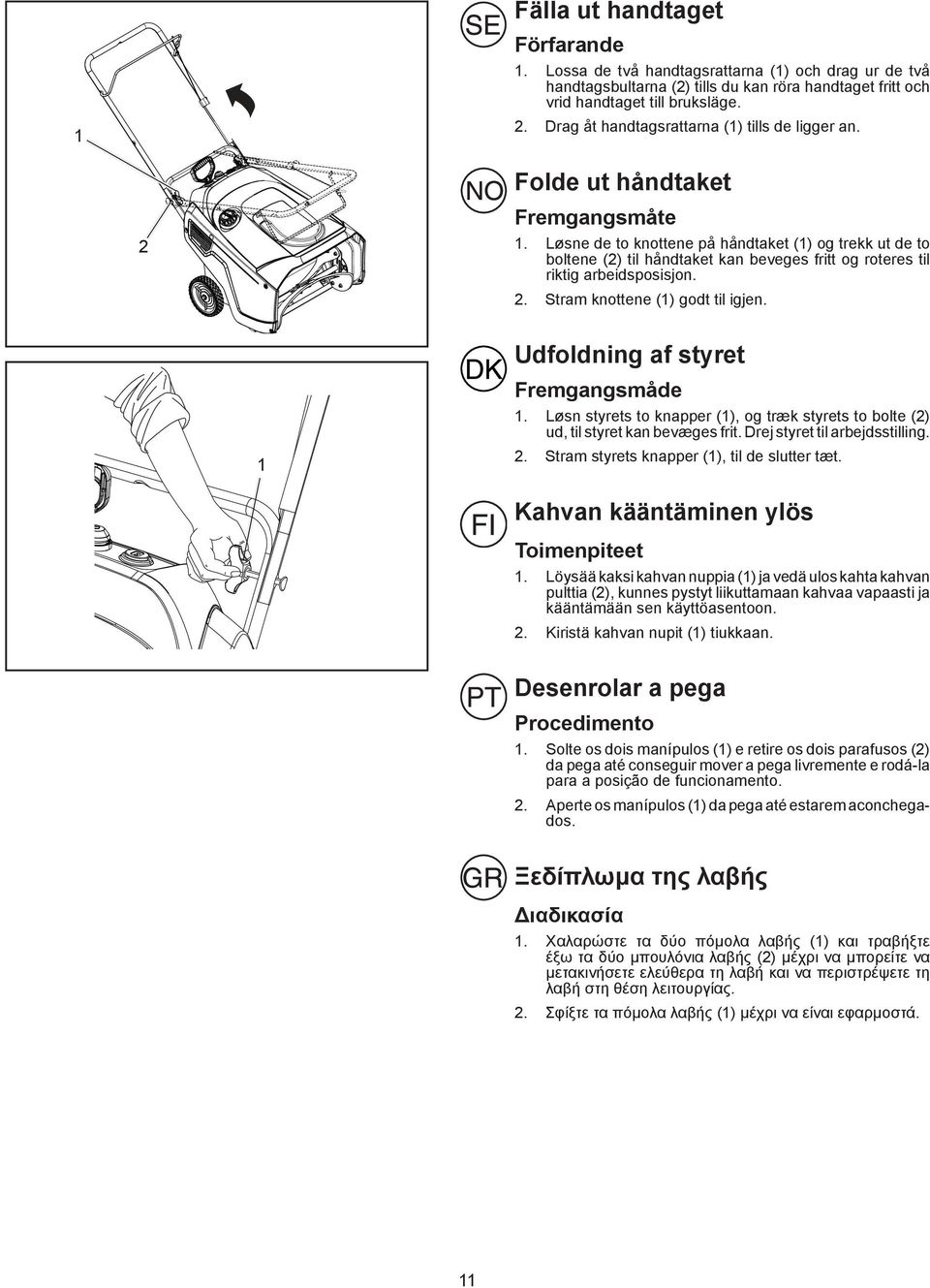 Løsne de to knottene på håndtaket () og trekk ut de to boltene (2) til håndtaket kan beveges fritt og roteres til riktig arbeidsposisjon. 2. Stram knottene () godt til igjen.